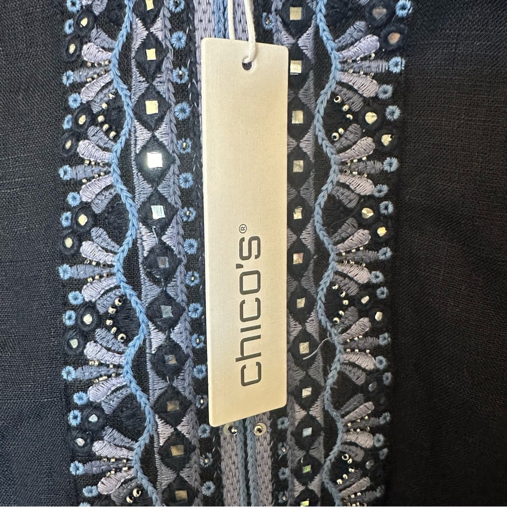 Chico’s Navy Blue Embellished Beaded Linen Dress - Picture 14 of 16